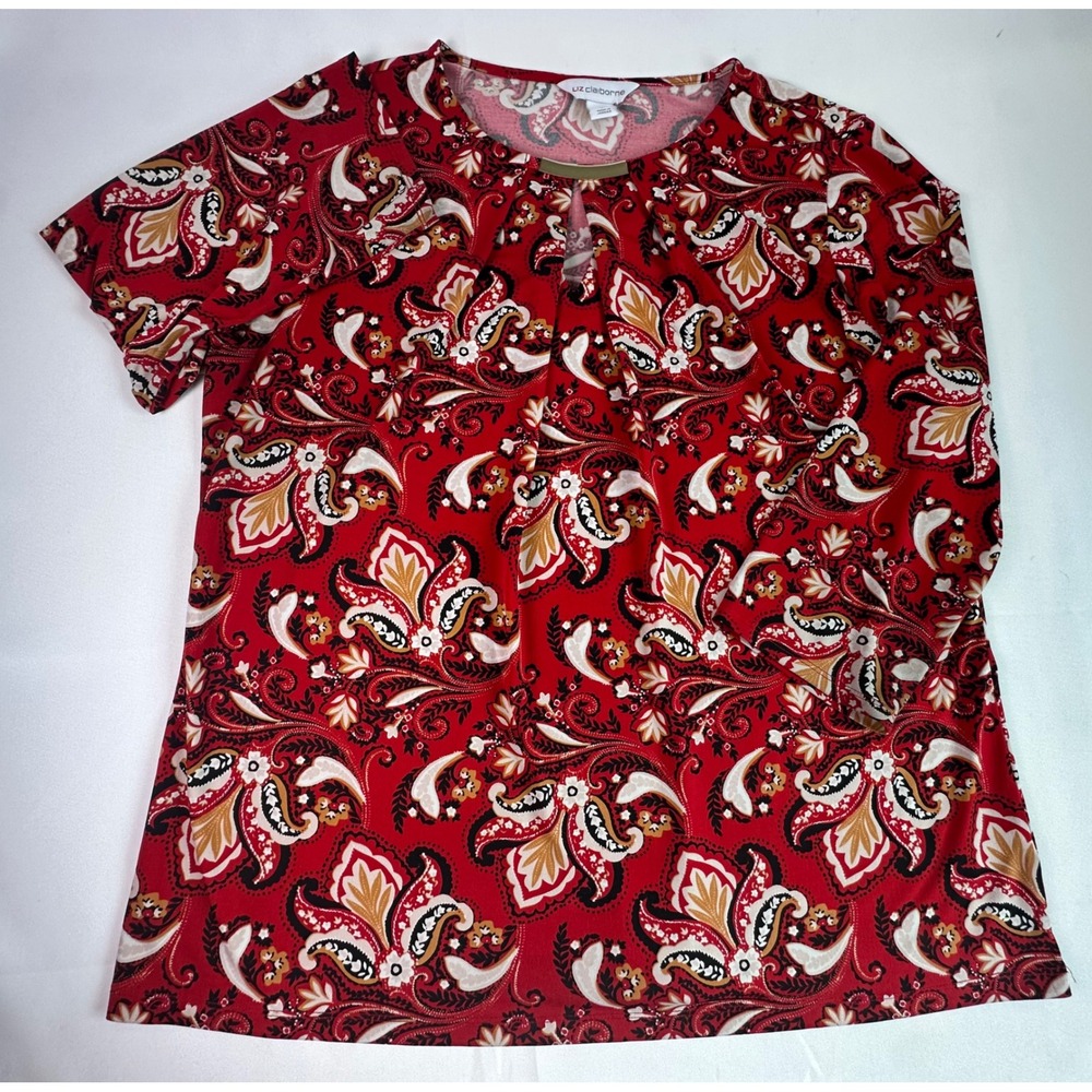 Liz‎ Claiborne Women's Red Paisley Print Short Sleeve Top - Size L